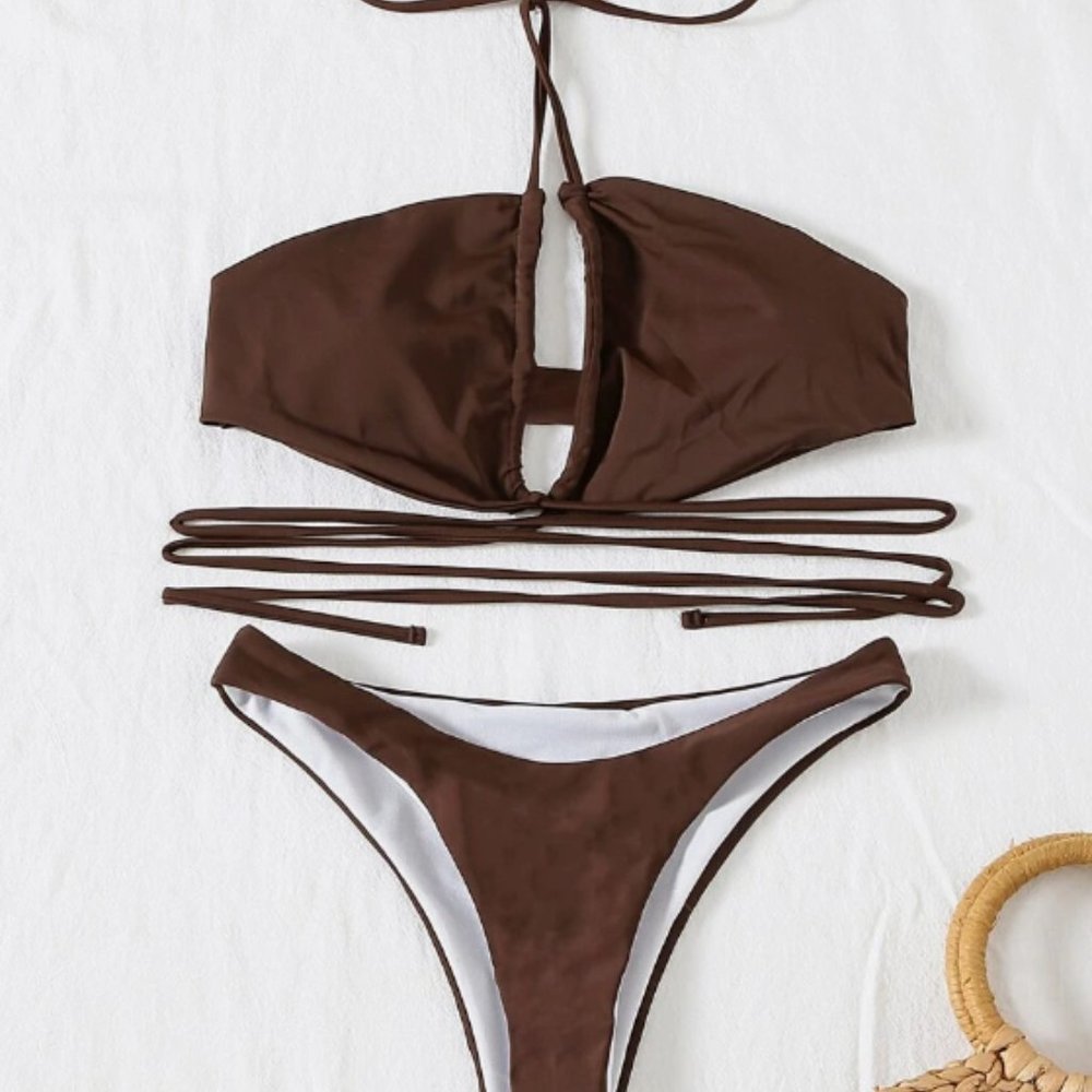 Shein Brown Cross Halter High Cut Bikini Swimsuit Size Medium - Picture 6 of 6